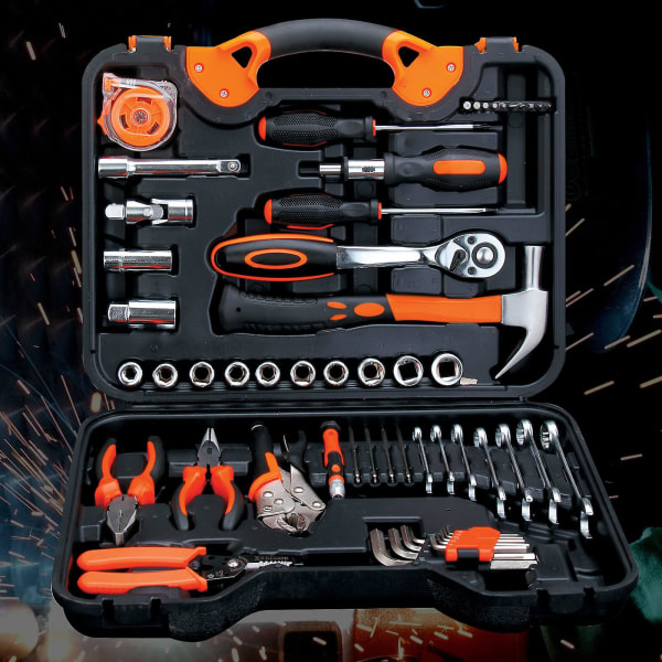 Set för bilreparationer Universal hushållsverktygssats med verktygslåda i plast Elektrikerverktyg Stora Orange