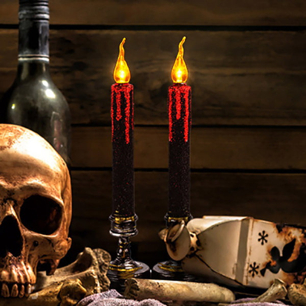 2 STK Blodfallende flammeløst stearinlys Led konisk stearinlys, ravgul varmgul blinkende, brukt til Halloween-dekorasjon, Horr