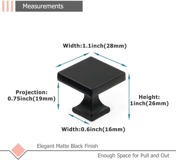 10 Black Square Cabinet Knobs, Zinc Alloy Drawer Pulls for Kitchen, Wardrobe, Bathroom, Modern Design