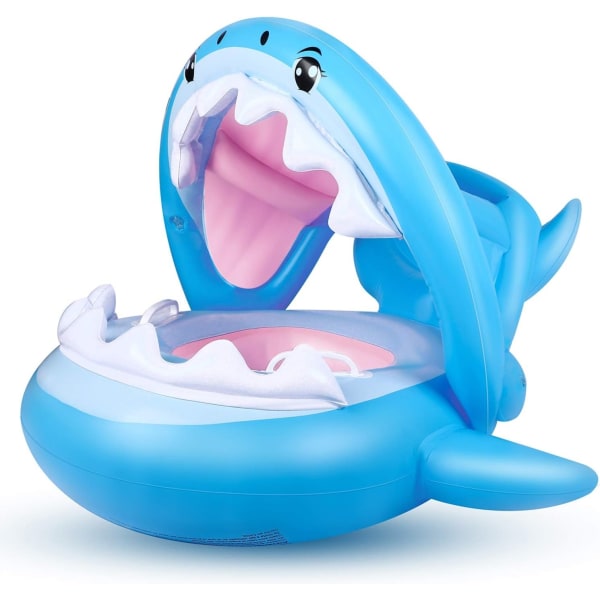 Baby Shark bassengsete flytende svømmering, oppblåsbar barnebassengring med justerbar oppblåsbar baldakin for babyalder (6