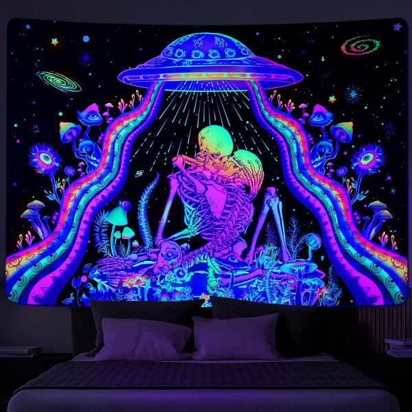 Blacklight Skull Tapestry Plants Tapestries UV Reactive Skeleton Lovers Tapestry UFO Alien Tapestry Mushroom Floral Tapestry for B