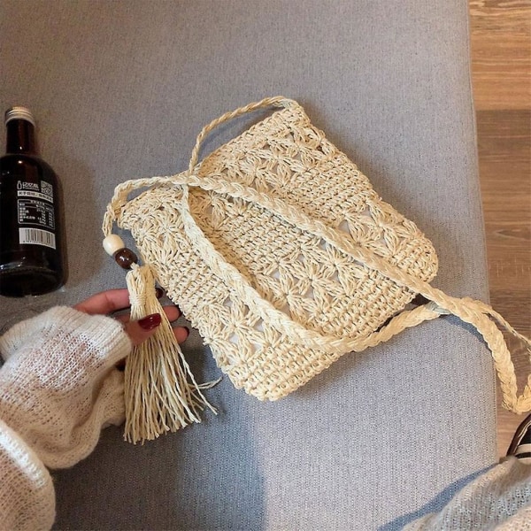 Damer Beach Woven Straw Shoulder Messenger Bag med tofs Boho Hollow Out Virkad Crossbody Handväska Macrame PurseKhaki