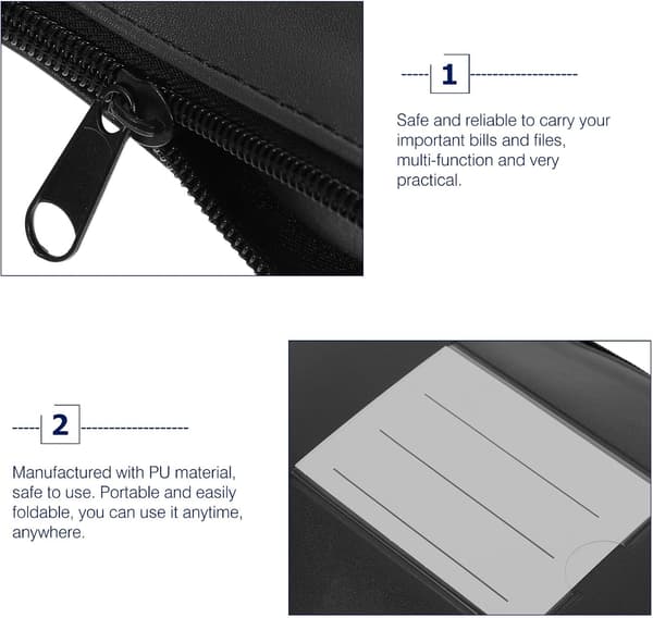 Bærbar pengepose til kontanter og pas, foldbar sort PU og kvitteringstaske i aluminiumslegering