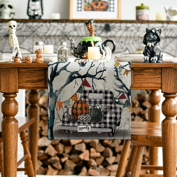 13x72 tommer Buffalo Plaid Truck Træer Halloween Bordløber, Græskar Grene Efterår Køkken Spisestue Bord Dekoration til