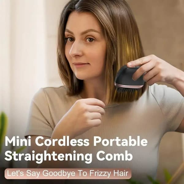 Mini Wireless Hair Brush & Hot Brush Straightener for Bangs, USB Rechargeable, Portable, Compact