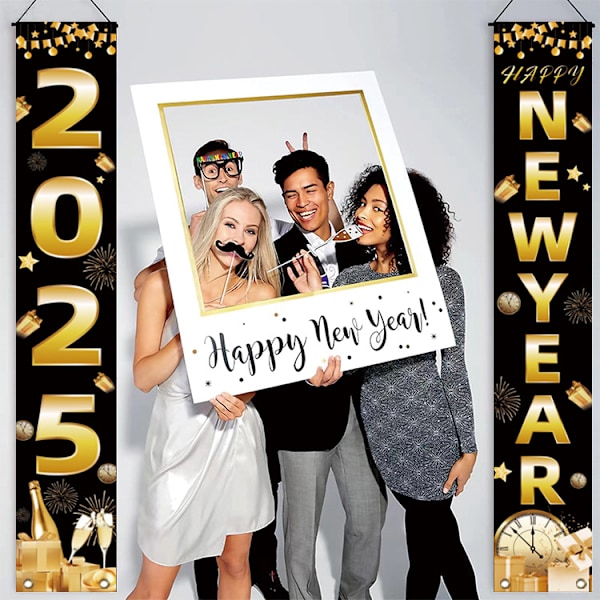 Sort Happy New Year Dørbanner, Thanksgiving Hængende Banner til Fordør Have Hjem Have (72x12 Tommer)