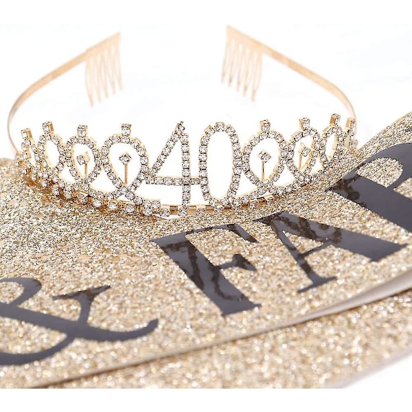40 And Fabulous Sash Rhinestone Tiara Set - 40-årsdagspresenter Födelsedagssash För Kvinnor Födelsedagsfesttillbehör (Guldglitter Med Svart Text)10 10