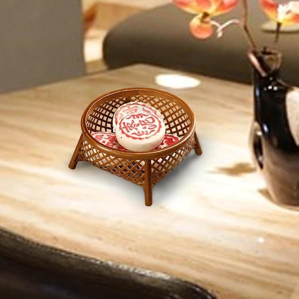 Handwoven Bamboo Fruit Basket, 14cm Round Multifunctional Breakfast and Storage Tray for Kitchen, Cafe, Restaurant Decor [Ho]
