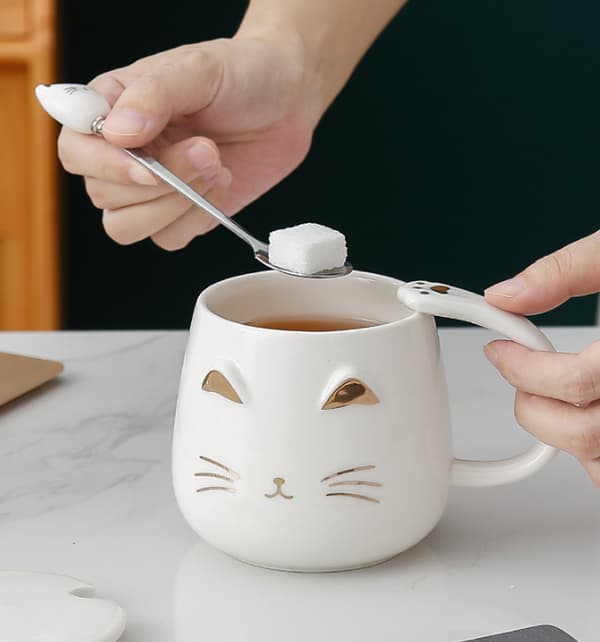 White, 300 ml, cat mug cute ceramic coffee mug with lid and spoon