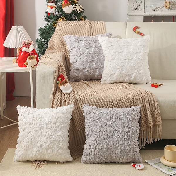 1 Stk Blød PV Plys Pudebetræk Julepynt Pudebetræk Luksus Stil 45 x 45 cm til Sofa Soveværelse, Grå Snefnug, T