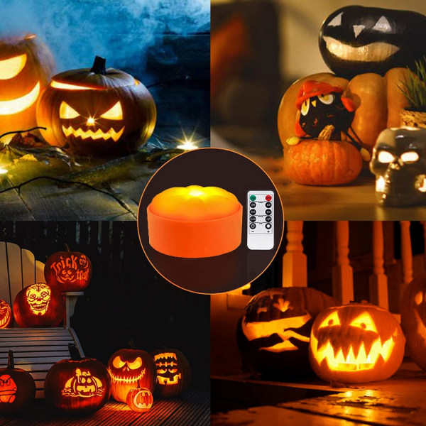 Halloween dekorativa lampor, 4 st jul LED-ljus utan låga med fjärrkontroll och timer, blinkande elektroniska ljus