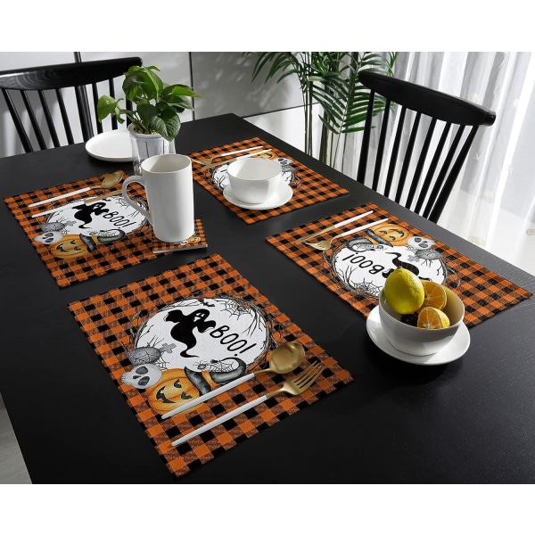 Halloween Boo Placemats Sett med 6, Gresskar Heksehatt Bomullslin Stainsjikt Bordmatter Vaskbare Placemat Dekor