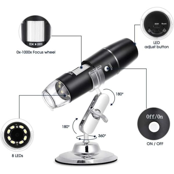 50X-1000X USB WiFi Digital Microscope - Portable Endoscope with 8 LED Lights for Smartphones and Tablets