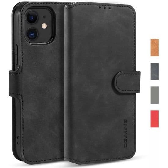 iPhone 12 Etui, Premium Læder Beskyttende Pung-etui med Stativ og TPU Bumper Cover til iPhone 12 - Sort