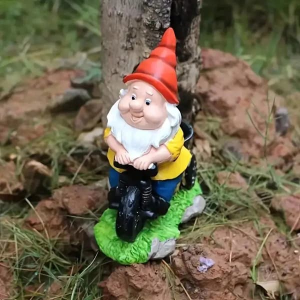 Sykkelgnom hagefigur, dekorativ harpikspynt