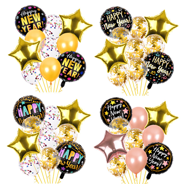 4 sæt Happy New Year Balloner Happy New Year Ballon Konfetti Balloner Sort og Guld Happy New Year Ballon Sæt