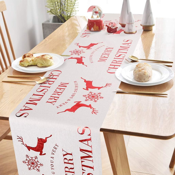 Linbomullsduk trykt juleflagg Julebordløper rektangulær bordløper dukdekorasjoner（Beige elg）