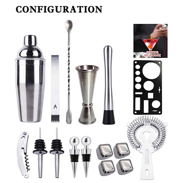 Cocktail Shaker Set med Akrylställ, 16-delad Set, Presenter till Män Pappa Farfar, Rostfritt Stål Barten Silver 16pcs