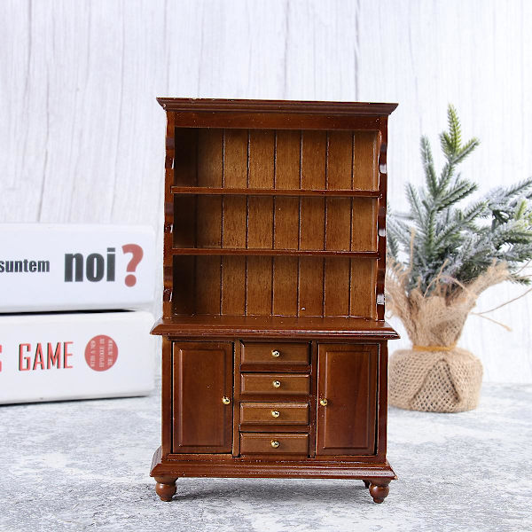 Miniatyr Trähusgarderob Mini Trähusbokhylla Modell Mini Möbel Display Skåp (valnöt 9*16cm
