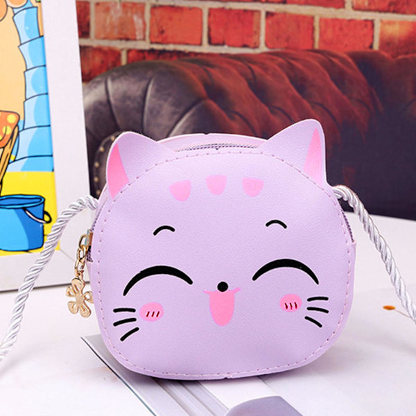 Barnflickor Katt Crossbody Väska PU Läder Cartoon Axelväska Tote Myntplånbok Satchel Vit