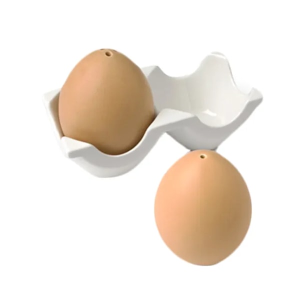 Ruskea kananmunan muotoinen suola- ja pippurisekoitin munapakkaustyylisellä jalustalla