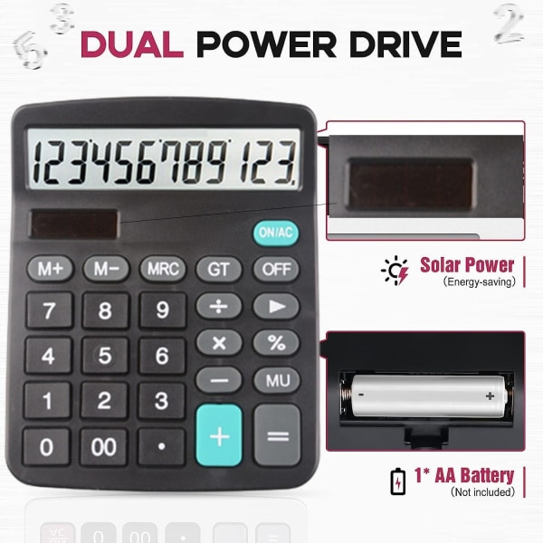 Basis Kontorregnemaskine - 12-cifret Dual Solar Batteri Regnemaskiner med Stor LCD-skærm, Kontorregnemaskine med Store Knapper