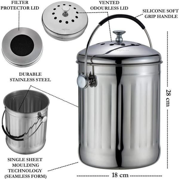 5L Stainless Steel Compost Bin for Kitchen Countertop - Compost Bin Kitchen Pail Compost with Lid