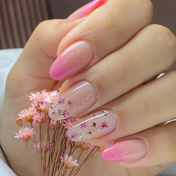 Blomstermandel Press-on Negler Medium Rosa Gradient Falske Negler Glansfulle Full Dekning Akryl Løsnegler med Design Lim på Negler for Kvinner 24 stk