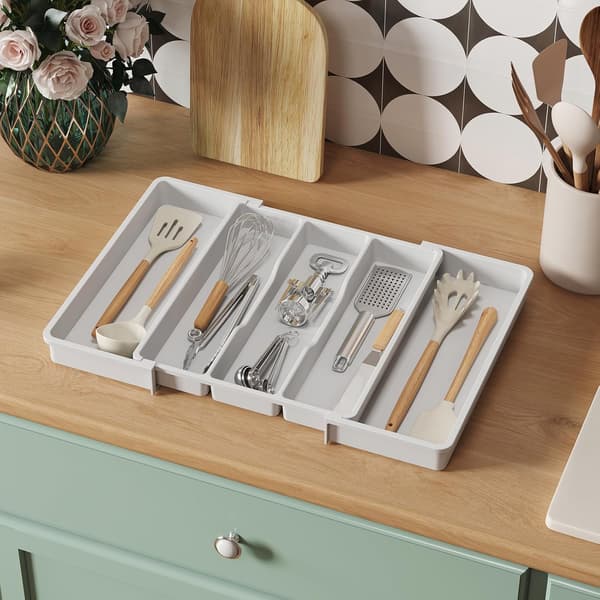 Cutlery Drawer Organizer, Extendable Large Cutlery Tray for Large Kitchen, White white