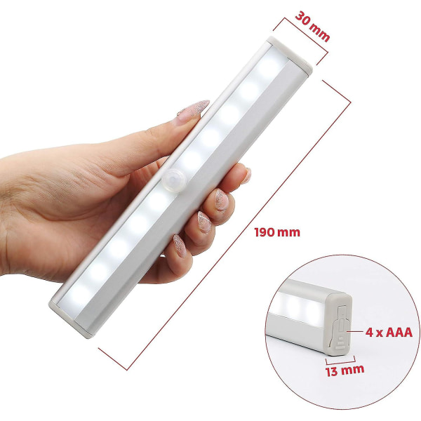 Sett med 2 LED nattlys med bevegelsessensor, skapbelysning, LED-stripe, selvklebende, strømforsyning via AAA-batterier (ikke inkludert)