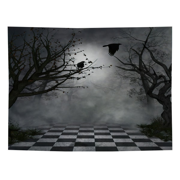 Mystic Fog Forest Gobeläng Gothic, Fåglar vid grenar på läskig djungel vid Deep in Dark Forest Gobeläng Vägghängande, Halloween-tejp