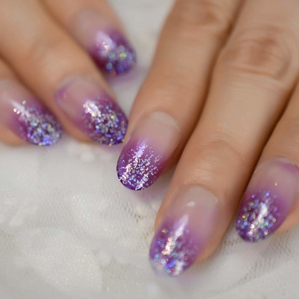 Viehättävä Purppura Tekokynnet Bling Glitter Ombre Soikea Selkeä Geeli Kynnet Suunniteltu Kynsi Taide Vinkkejä 24 Kpl