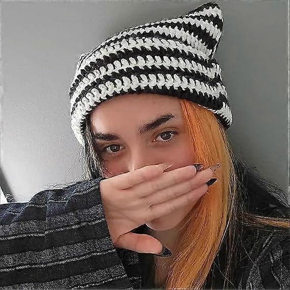 Dam Kattmössa Virkade Mössor med Öron Stickad Vinter Varm Elastisk Mössa Slouchy för Flickor Vuxna Barn