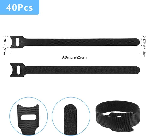 Reusable Cable Ties 25cm 40pcs Black - Self-adhesive Straps for Cable Management - Adjustable Organizer