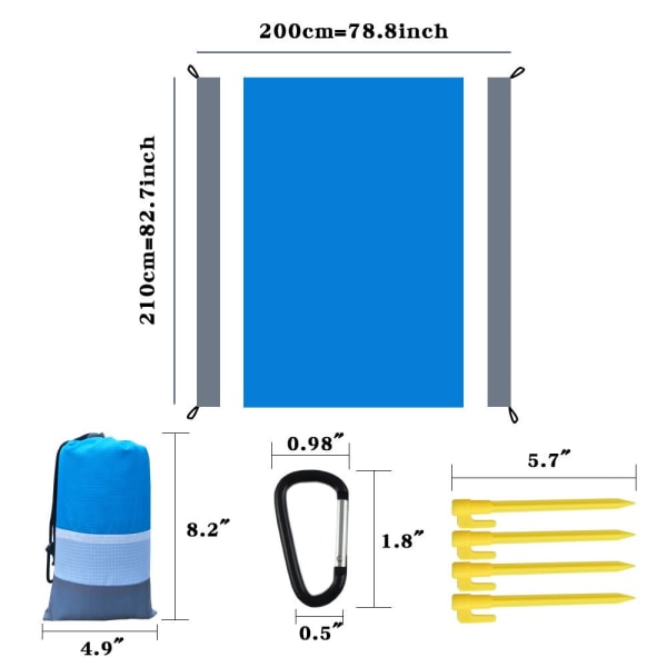 Rantamatto ulkopiknikpeite, iso 210 x 200 cm vedenpitävä piknik-rantapeite, jossa 4 kiinteää naulaa kannettava tasku