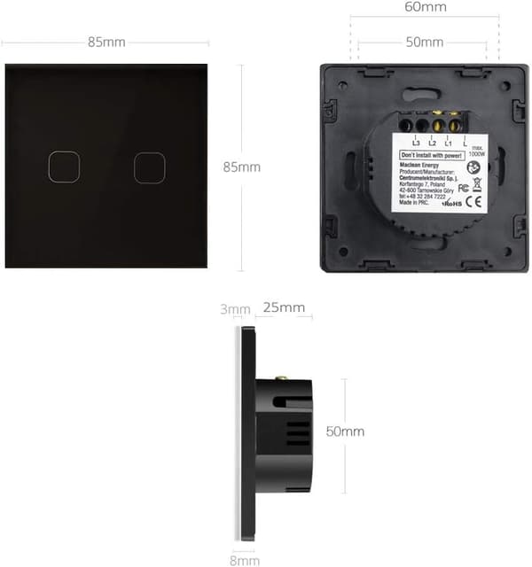 Simple Black Glass Touch Wall Switch with High-Quality Square Button and LED Backlight