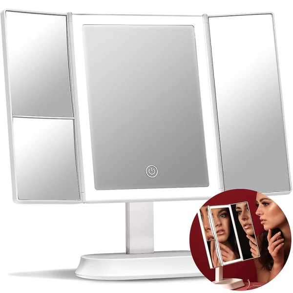 Stort makeup-spejl med naturligt led-lys, oplyst trifold-sminkespejl med 5x og 7x forstørrelser - dæmpbare lys, berøringsskærm, kosmetik