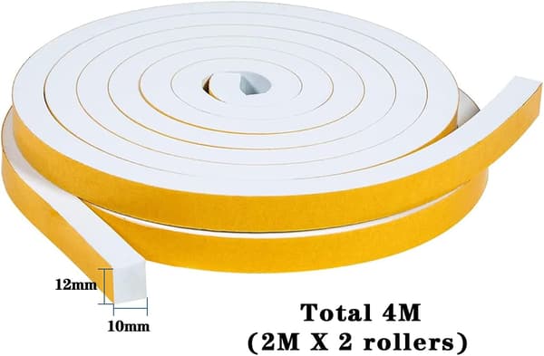 Weatherproof Self-Adhesive Foam Strips for Sealing Doors and Windows to Prevent Cold Drafts 2 Rolls Total 4M Long White
