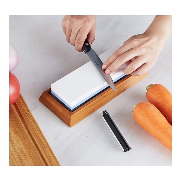 Basics Water Sharpening Stone - Double-Sided, 1000/6000 Grit - Non-Slip Bamboo Base, Angle Guide