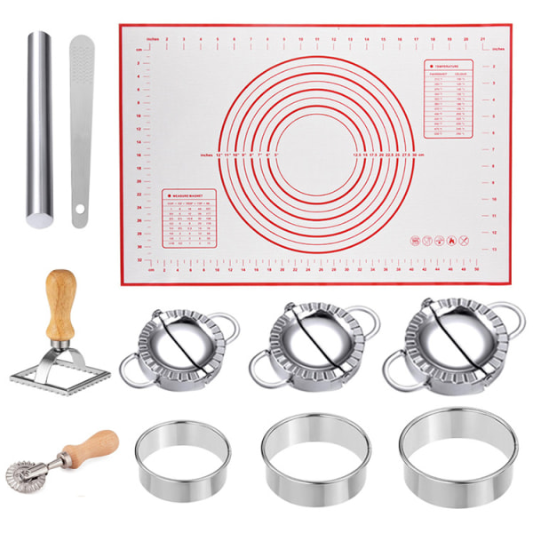 Dumpling Maker Kit, Sæt med 11- Cutter, Cutter Wheel og Silikone bagemåtte til
