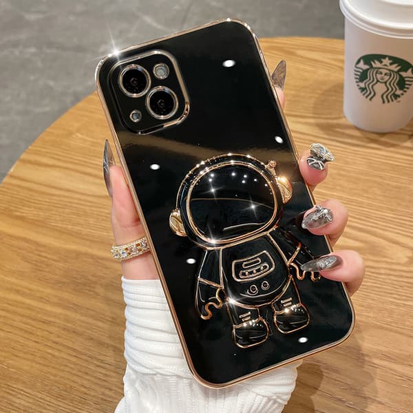 6D Electroplated Astronaut Foldable Stand Case for iPhone Women Astronaut Foldable Stand iPhone Case with Camera Protection Soft TPU Black{xh}