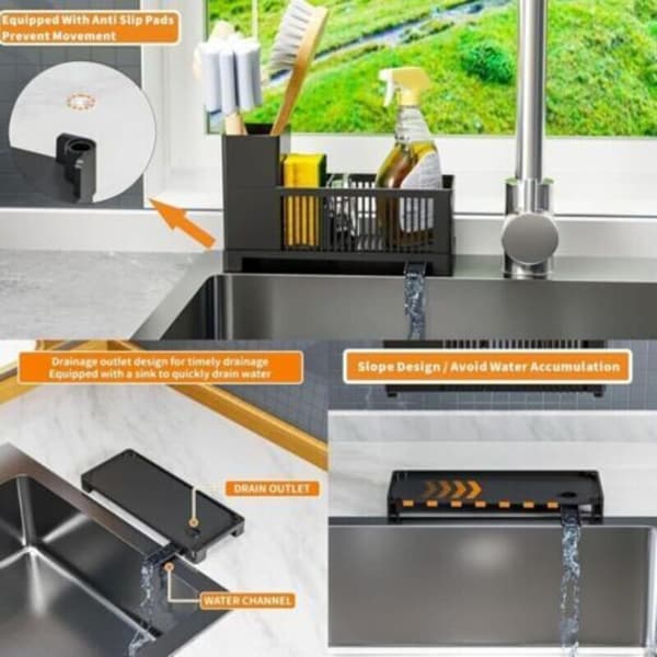 Sink Caddy and Organizer, Black Sponge Holder with High-Performance Scrubber Brush Holder, Versatile