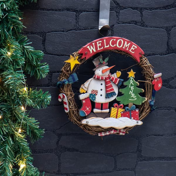 Flätad julkrans - Välkommen dörrkrans till jul - Träkrans - Krans - ca. Ø 24cm (Snögubbe)