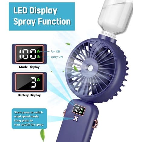 Portable fan with mist function, rechargeable, 5 speeds, 90° foldable, ideal for camping, home and office, purple