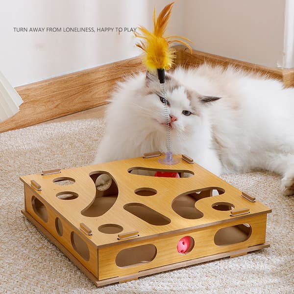 Cat Puzzle Box for Claws, Interactive and Fun Cat Game with Teasing Stick and Bell Ball