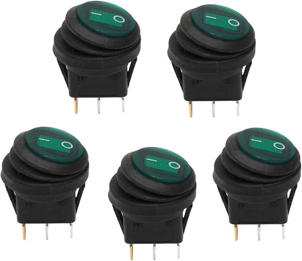 Vanntett rund vippebryter, 12V 20A, 3-pinners grønn LED-bryter (5 ringer, grønn)