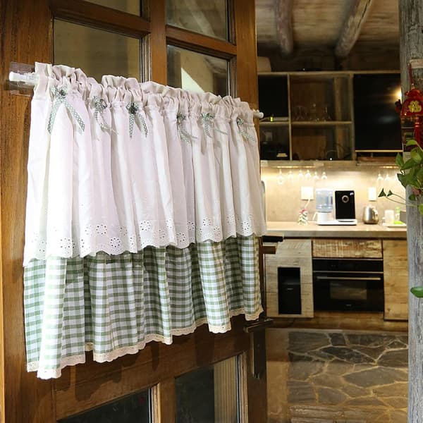 Short Kitchen Curtain for Small Windows, White Cotton Plaid with Blue Check Pattern and Bow, Cafe Curtain