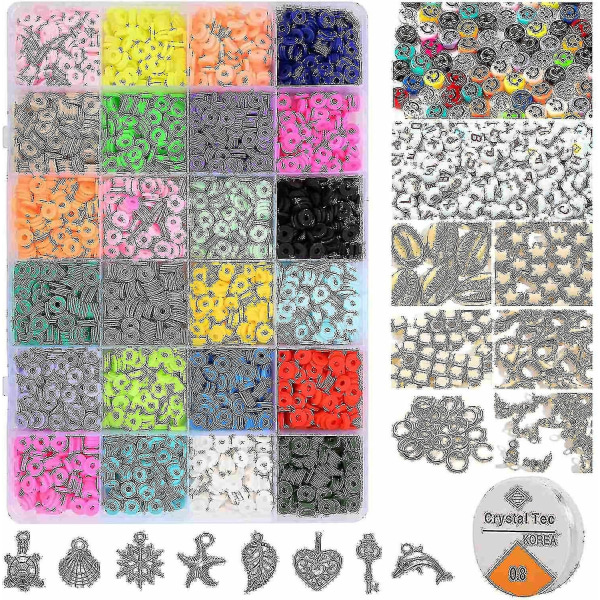 4000 stk leireperler til smykker Armbåndsfremstillingssett 6 mm 24 farger flat polymer