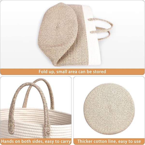 Large Foldable Woven Storage Baskets Cotton Rope Felt Baskets with Handles, Organizer Nursery Decor Laundry Basket, White Linen (35x40cm)