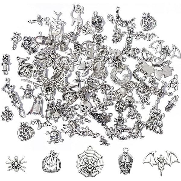 120 ST Halloween Punk Berlocker för smyckestillverkning, Silverdekorationer Charm Skull Pumpa Spider DIY Halsband Armband Öron